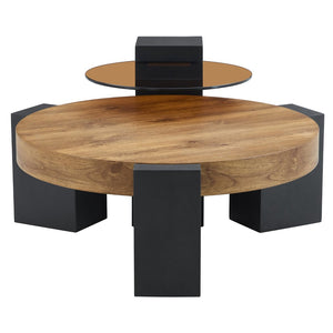 English Elm Modern Two Tier Round Coffee Table Tinted Glass Top Wood Shelf Black Angular Base W1512P503233
