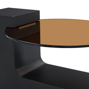 English Elm Modern Two Tier Round Coffee Table Tinted Glass Top Wood Shelf Black Angular Base W1512P503233