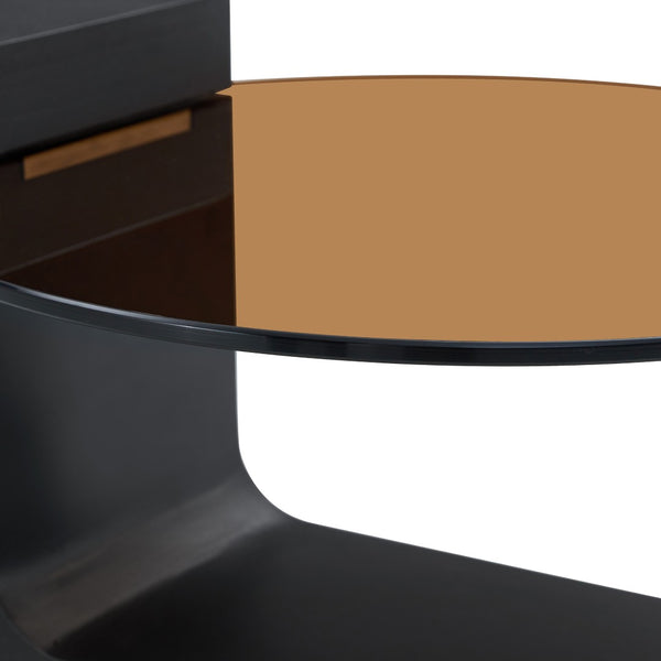 English Elm Modern Two Tier Round Coffee Table Tinted Glass Top Wood Shelf Black Angular Base W1512P503233