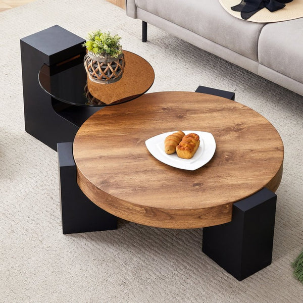 English Elm Modern Two Tier Round Coffee Table Tinted Glass Top Wood Shelf Black Angular Base W1512P503233