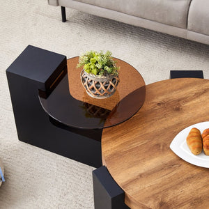 English Elm Modern Two Tier Round Coffee Table Tinted Glass Top Wood Shelf Black Angular Base W1512P503233