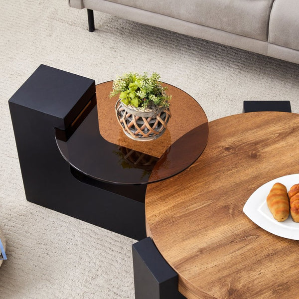 English Elm Modern Two Tier Round Coffee Table Tinted Glass Top Wood Shelf Black Angular Base W1512P503233