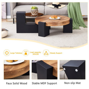 English Elm Modern Two Tier Round Coffee Table Tinted Glass Top Wood Shelf Black Angular Base W1512P503233