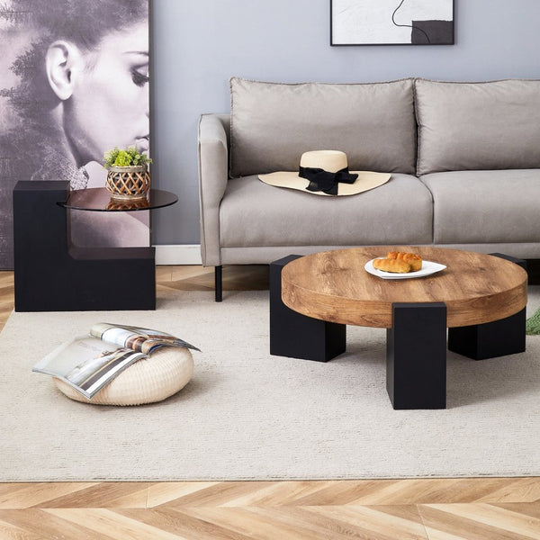 English Elm Modern Two Tier Round Coffee Table Tinted Glass Top Wood Shelf Black Angular Base W1512P503233