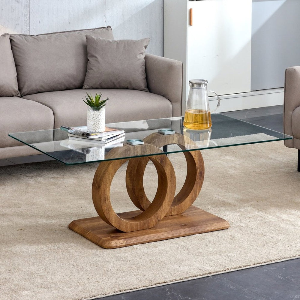 English Elm A Modern Glass Top Coffee Table with Wood Grain Legs for Stylish Living Spaces W1512P503340