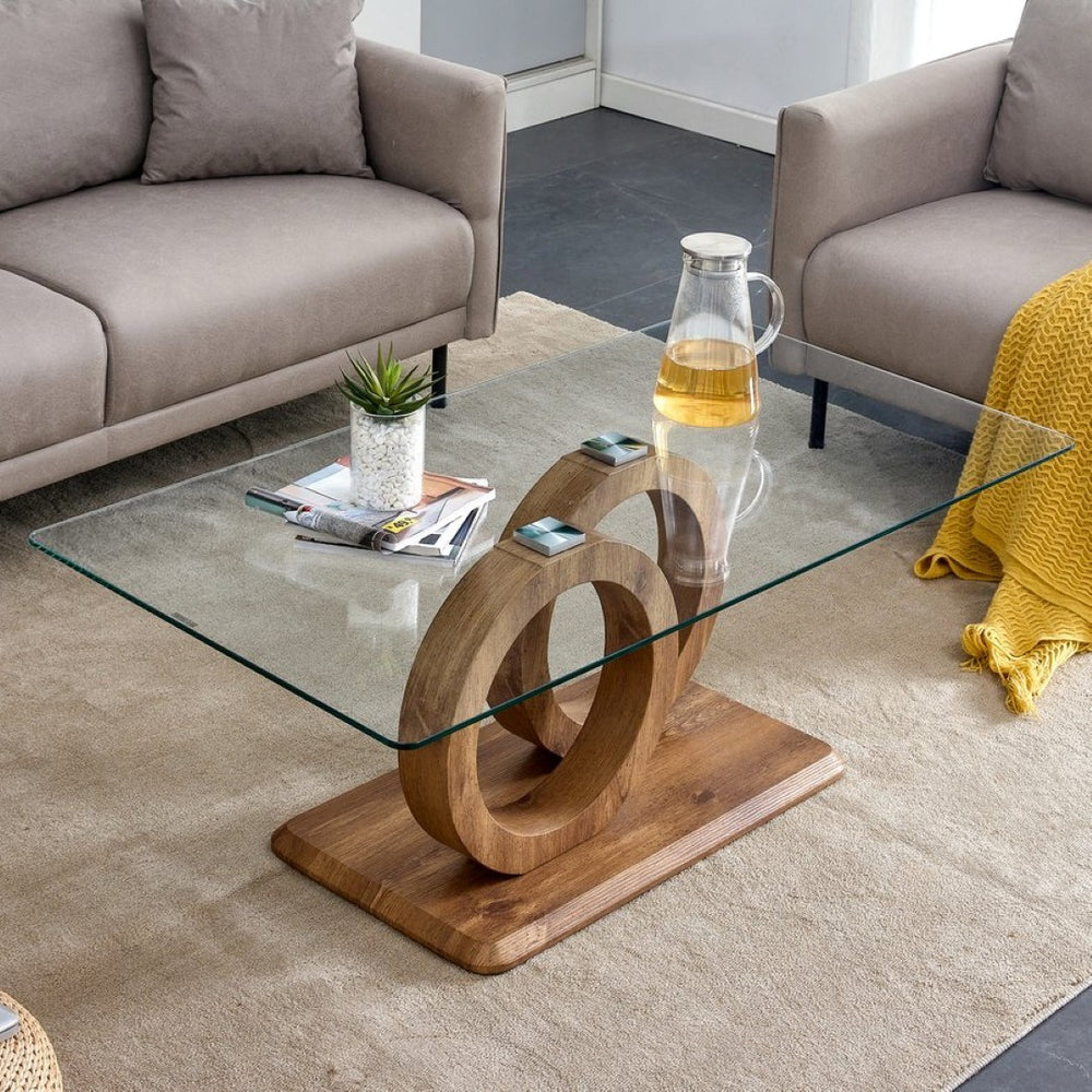English Elm A Modern Glass Top Coffee Table with Wood Grain Legs for Stylish Living Spaces W1512P503340