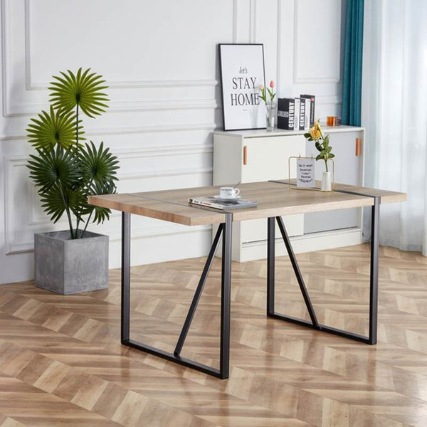 English Elm Rustic Industrial Dining Table Thick Engineered Wood Top Seats Six Black Metal Legs W1512P503556