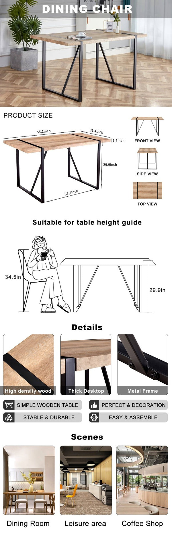 English Elm Rustic Industrial Dining Table Thick Engineered Wood Top Seats Six Black Metal Legs W1512P503556