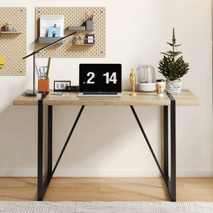 English Elm Rustic Industrial Dining Table Thick Engineered Wood Top Seats Six Black Metal Legs W1512P503556