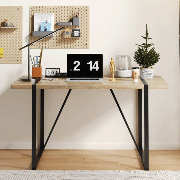 English Elm Rustic Industrial Dining Table Thick Engineered Wood Top Seats Six Black Metal Legs W1512P503556