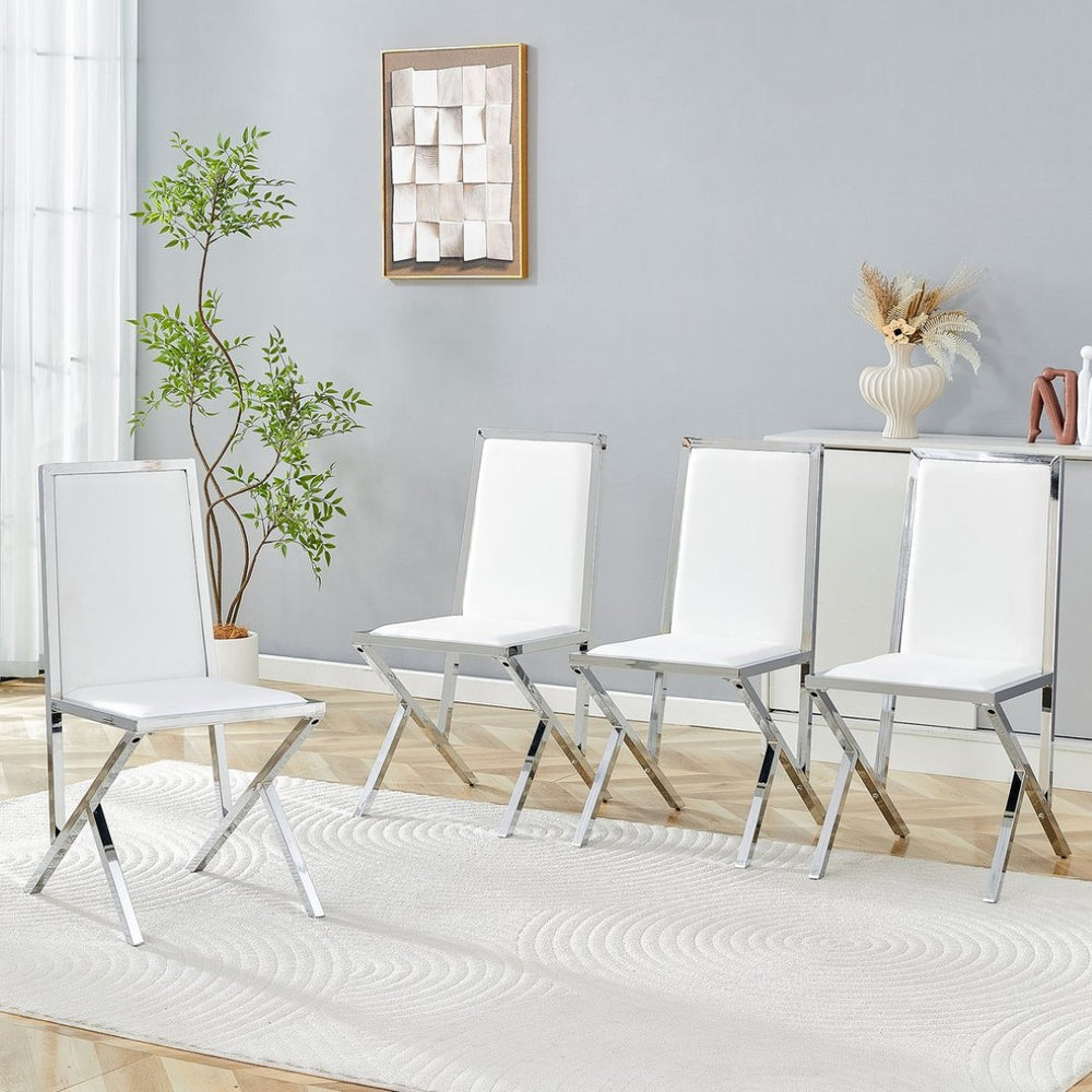 English Elm 4-pack White Pu Upholstered Dining Chairs with Polished Silver Metal Frame Set W1512P504605
