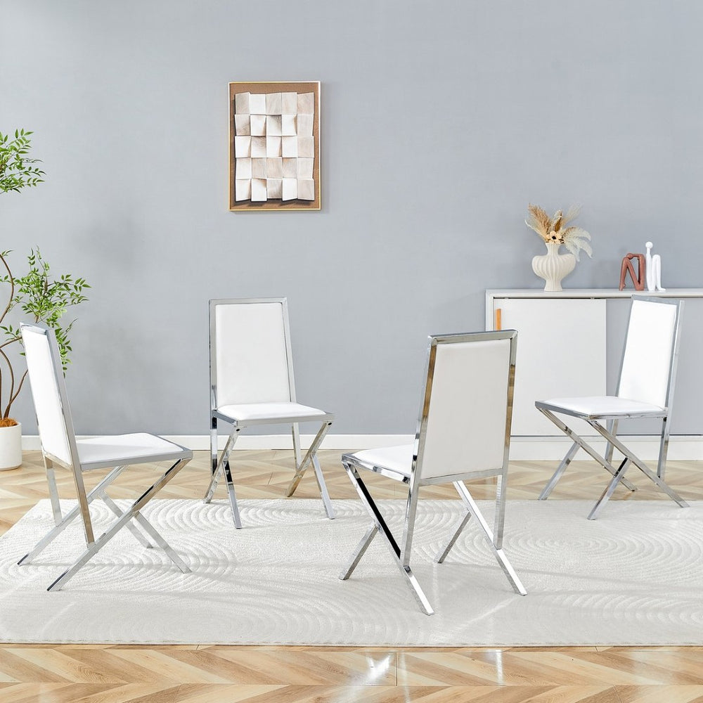 English Elm 4-pack White Pu Upholstered Dining Chairs with Polished Silver Metal Frame Set W1512P504605