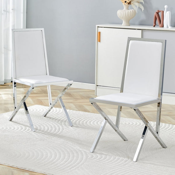 English Elm 2-Pack White PU Upholstered Dining Chairs with Silver Metal Frame for Modern Kitchens White+Silver W1512P504651