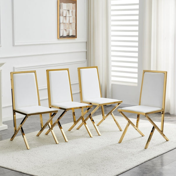 English Elm 4-Pack White PU Upholstered Dining Chairs with Ergonomic Back and Gold Metal Frame White+Gold W1512P504681