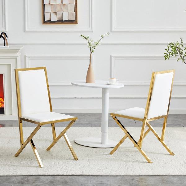 English Elm 2-Pack White PU Leather Dining Chairs with Gold Metal Legs for Modern Glam Kitchens White+Gold W1512P504692