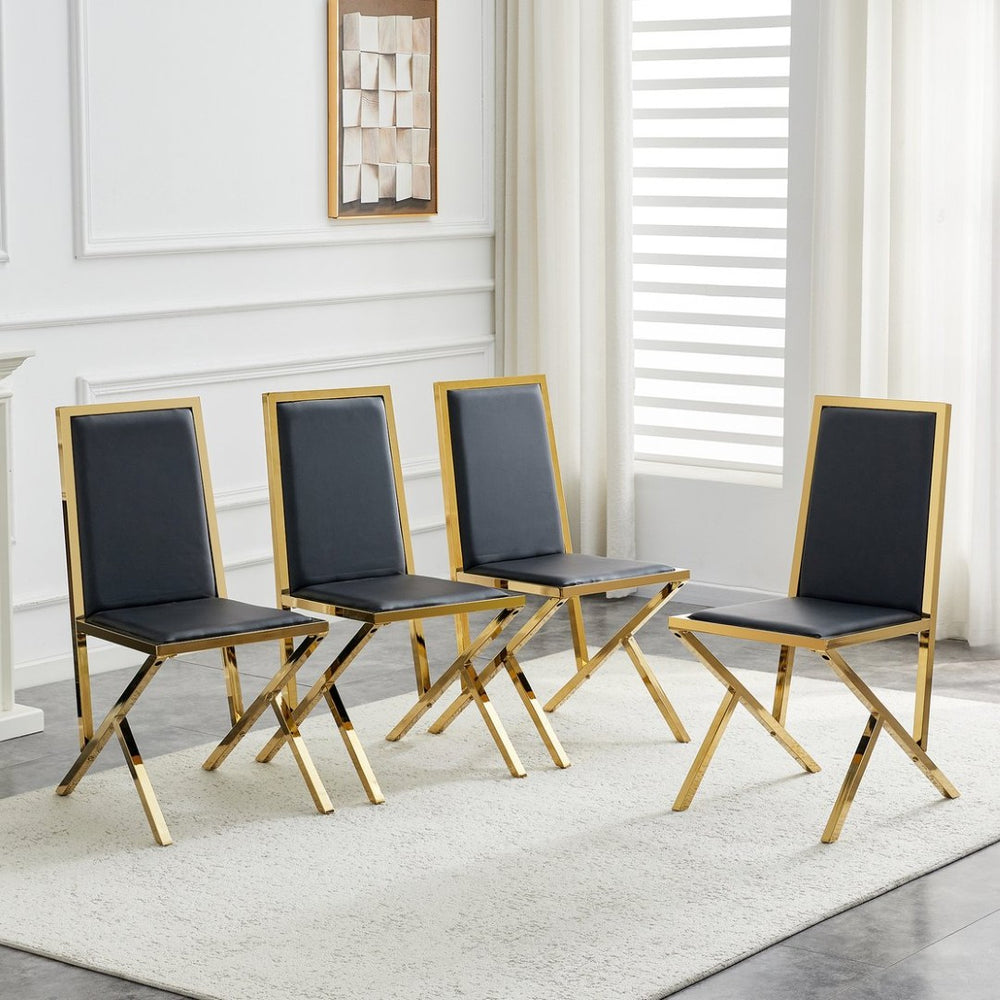 English Elm 4-Pack White PU Upholstered Dining Chairs with Ergonomic Back and Gold Metal Frame Black+Gold W1512P504703