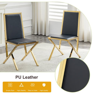 English Elm 4-Pack White PU Upholstered Dining Chairs with Ergonomic Back and Gold Metal Frame Black+Gold W1512P504703