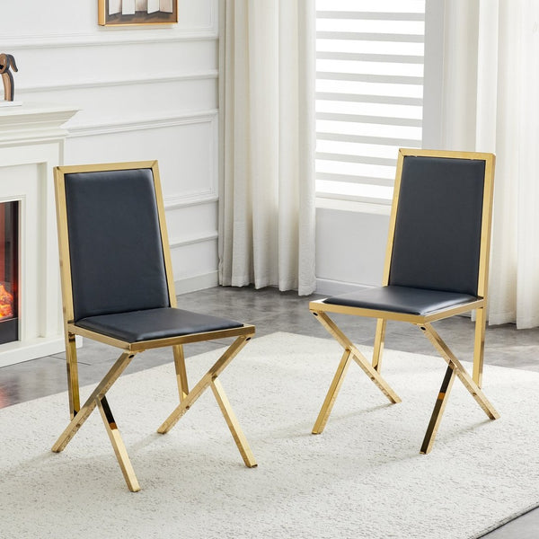 English Elm 2-Pack White PU Leather Dining Chairs with Gold Metal Legs for Modern Glam Kitchens Black+Gold W1512P504706