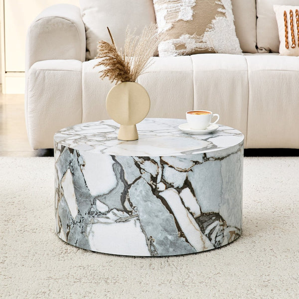 English Elm A Marble Textured Cylindrical MDF Coffee Table for Minimalist Industrial Living Rooms W1512P505780
