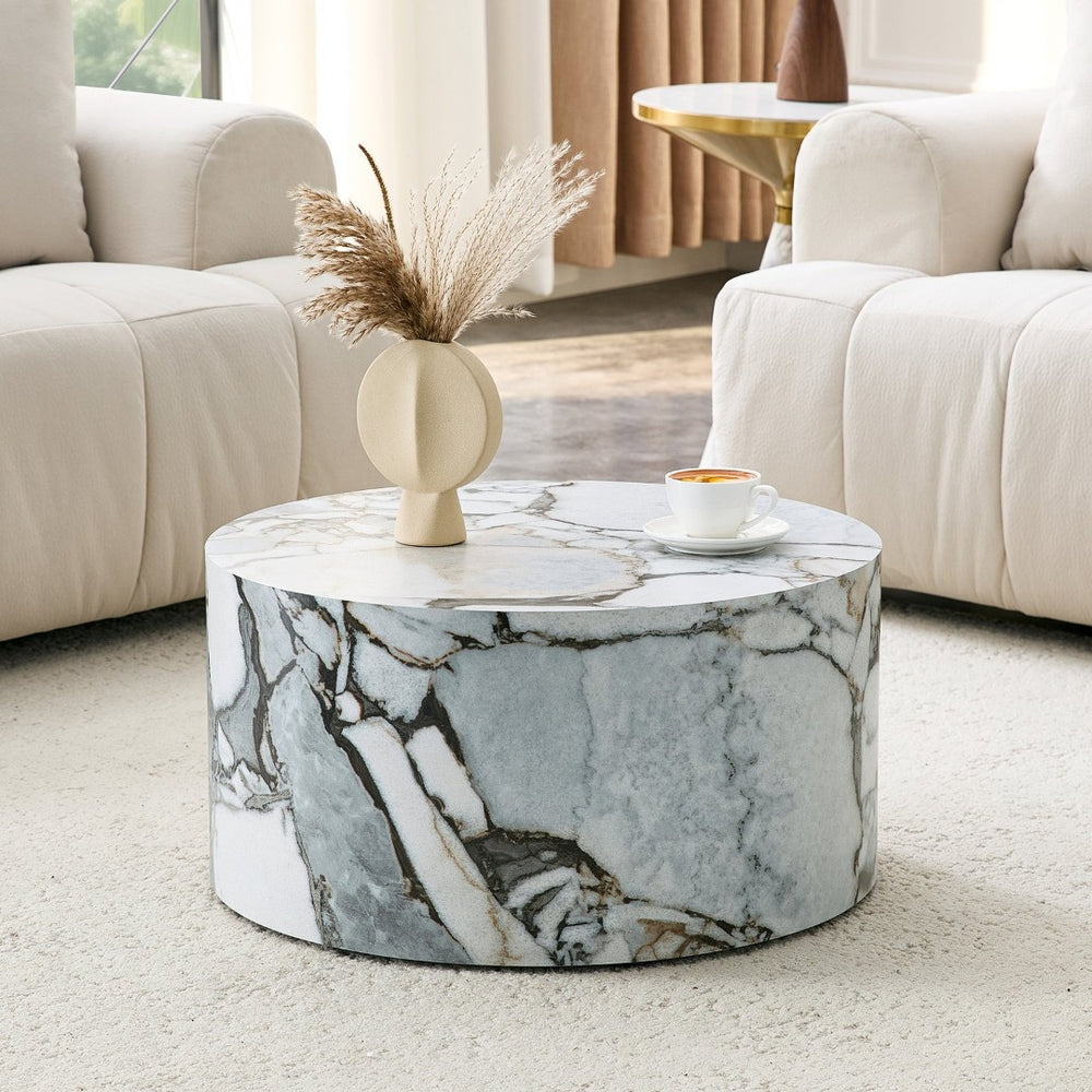 English Elm A Marble Textured Cylindrical MDF Coffee Table for Minimalist Industrial Living Rooms W1512P505780