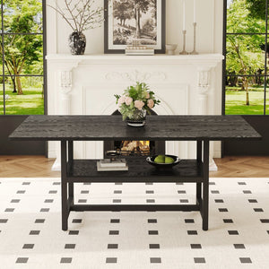 English Elm A Spliced MDF Rectangular Dining Table with Metal Legs and Lower Storage Shelf for Six Black W1512P505974