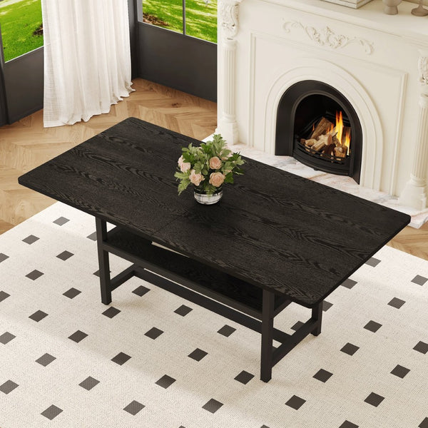 English Elm A Spliced MDF Rectangular Dining Table with Metal Legs and Lower Storage Shelf for Six Black W1512P505974