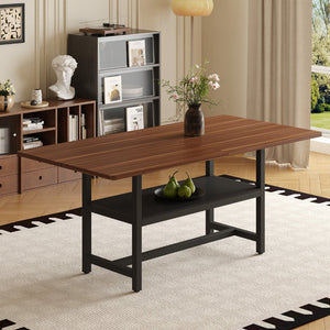 English Elm A Spliced MDF Rectangular Dining Table with Metal Legs and Lower Storage Shelf for Six Walnut+Black W1512P505983