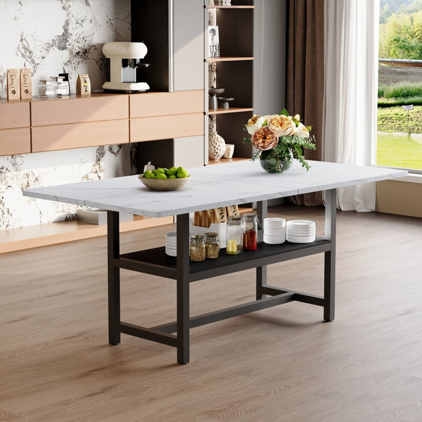 English Elm A Spliced MDF Rectangular Dining Table with Metal Legs and Lower Storage Shelf for Six White+Black W1512P505989