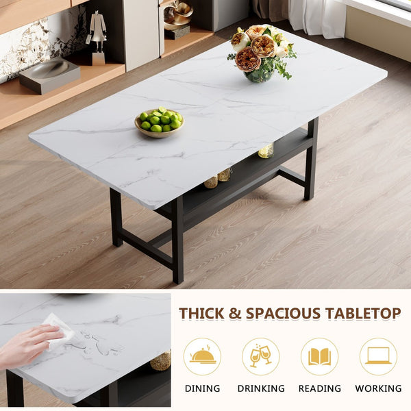 English Elm A Spliced MDF Rectangular Dining Table with Metal Legs and Lower Storage Shelf for Six White+Black W1512P505989