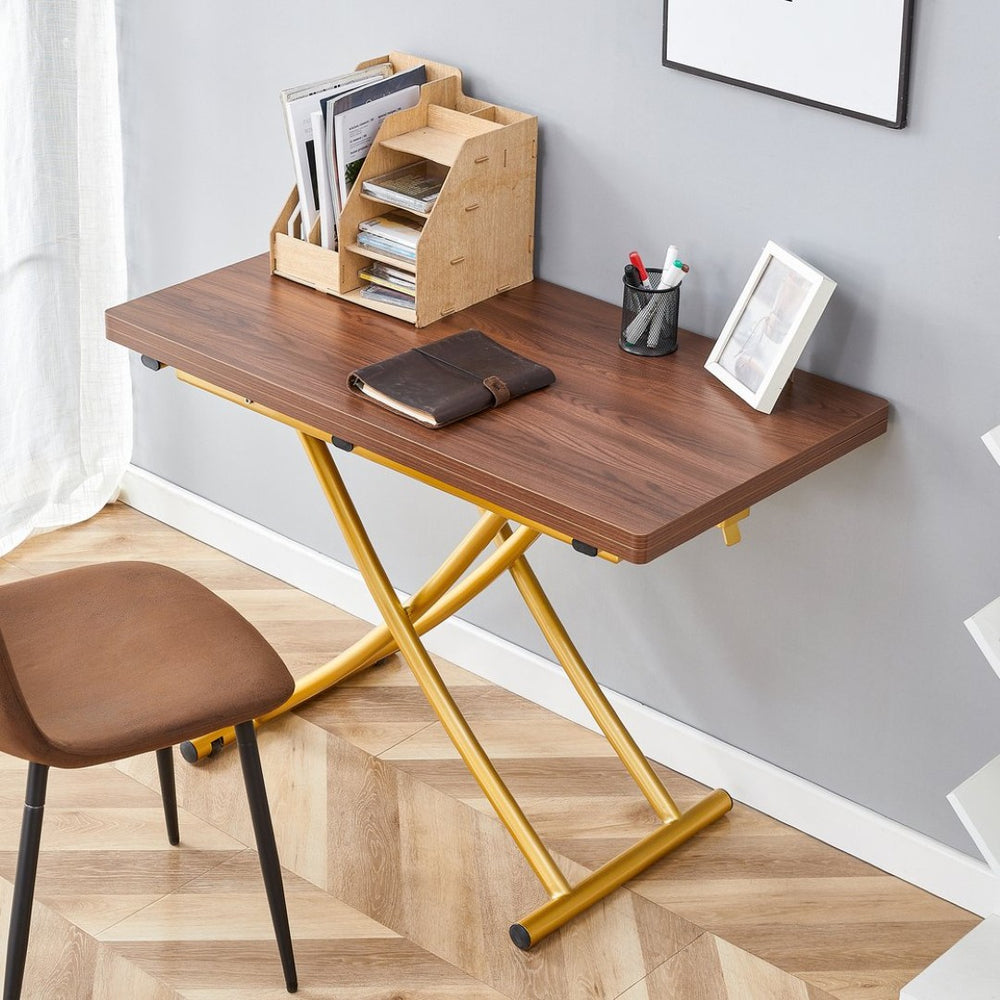 English Elm Modern Adjustable Height Lift Table Walnut Grain MDF Top with Tapered Brass Metal Legs Dark Walnut, Gold W1512P506490