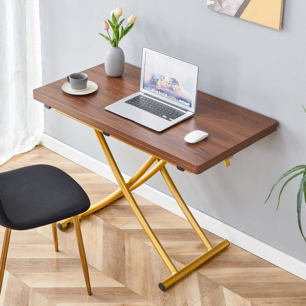 English Elm Modern Adjustable Height Lift Table Walnut Grain MDF Top with Tapered Brass Metal Legs Dark Walnut, Gold W1512P506490