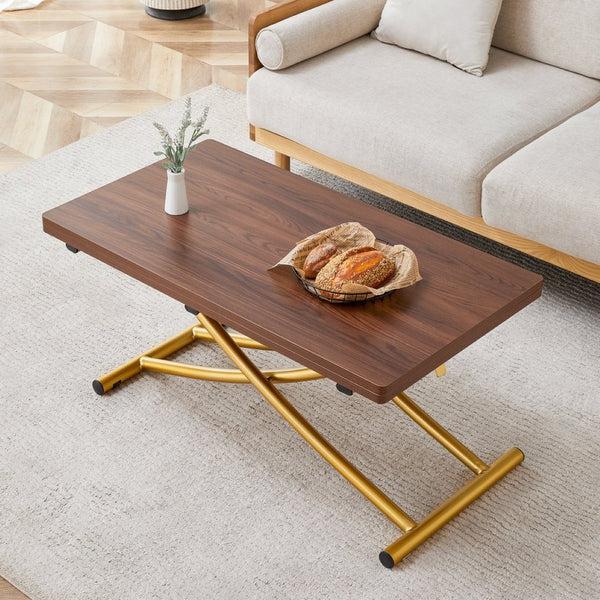 English Elm Modern Adjustable Height Lift Table Walnut Grain MDF Top with Tapered Brass Metal Legs Dark Walnut, Gold W1512P506490