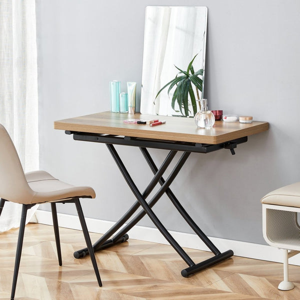 English Elm Modern Adjustable Height Lift Table Walnut Grain MDF Top with Tapered Brass Metal Legs Black, Natural Wood W1512P506493