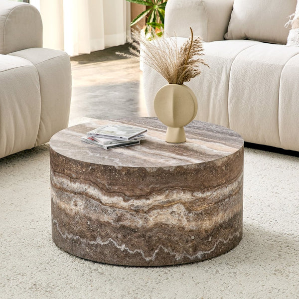 English Elm Cave Stone Patterned Round Coffee Table Compact MDF Accent for Minimalist Living Rooms W1512P507732