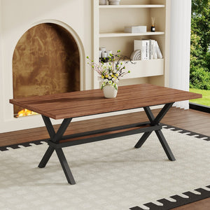 English Elm 71 Inch Walnut Grain MDF Dining Table with X Frame Steel Base Seats up to Eight Walnut+Black W1512P507754