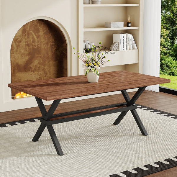 English Elm 71 Inch Walnut Grain MDF Dining Table with X Frame Steel Base Seats up to Eight Walnut+Black W1512P507754