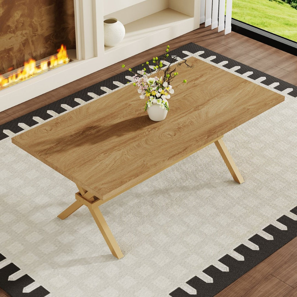 English Elm 71 Inch Walnut Grain MDF Dining Table with X Frame Steel Base Seats up to Eight Wood W1512P507756