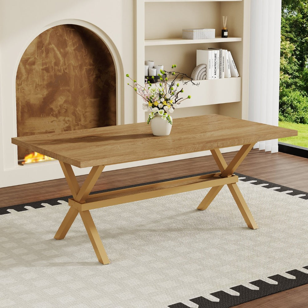 English Elm 71 Inch Walnut Grain MDF Dining Table with X Frame Steel Base Seats up to Eight Wood W1512P507756