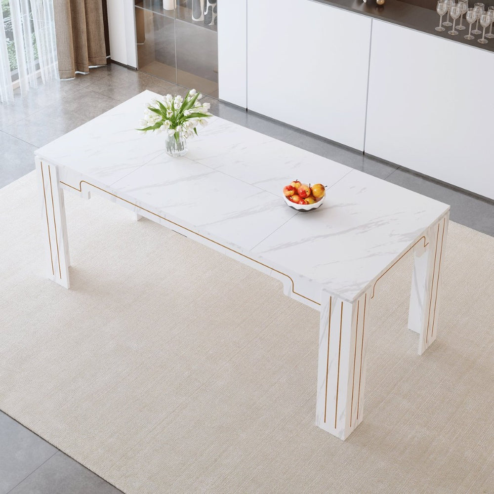 English Elm 71 Inch Marble Patterned MDF Dining Table with Grooved Legs Seats 6 to 8 Guests W1512P507761