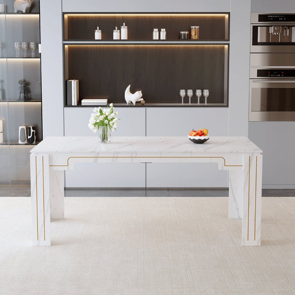 English Elm 71 Inch Marble Patterned MDF Dining Table with Grooved Legs Seats 6 to 8 Guests W1512P507761