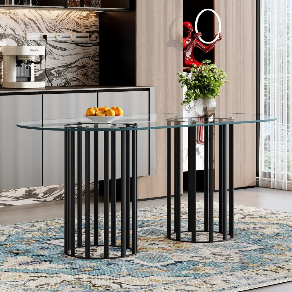 English Elm 71 Inch Oval Glass Dining Table Seats 8 with Sculptural Dual Column Black Base W1512P507896