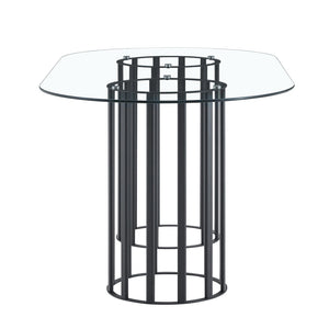 English Elm 71 Inch Oval Glass Dining Table Seats 8 with Sculptural Dual Column Black Base W1512P507896