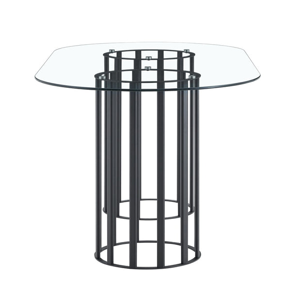 English Elm 71 Inch Oval Glass Dining Table Seats 8 with Sculptural Dual Column Black Base W1512P507896