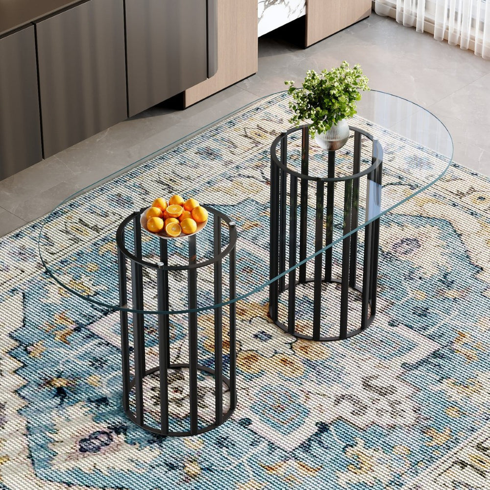 English Elm 71 Inch Oval Glass Dining Table Seats 8 with Sculptural Dual Column Black Base W1512P507896