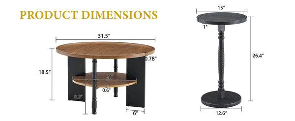English Elm 2-piece Round Nesting Coffee Table Set Walnut Grain with Storage for Living Room W1512P507981