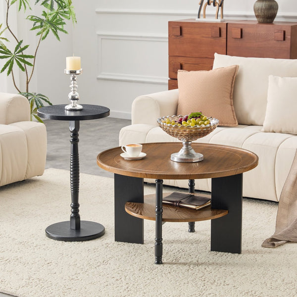 English Elm 2-piece Round Nesting Coffee Table Set Walnut Grain with Storage for Living Room W1512P507981