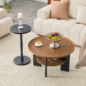English Elm 2-piece Round Nesting Coffee Table Set Walnut Grain with Storage for Living Room W1512P507981