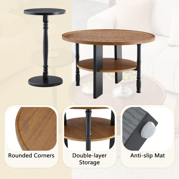 English Elm 2-piece Round Nesting Coffee Table Set Walnut Grain with Storage for Living Room W1512P507981