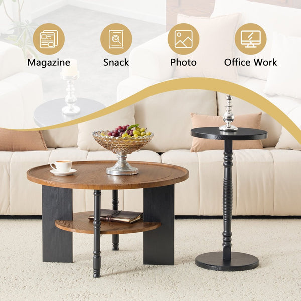 English Elm 2-piece Round Nesting Coffee Table Set Walnut Grain with Storage for Living Room W1512P507981
