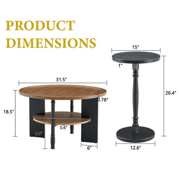 English Elm 2-piece Round Nesting Coffee Table Set Walnut Grain with Storage for Living Room W1512P507981